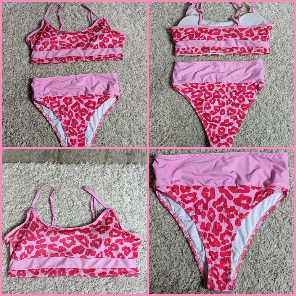 Pink leopard print 2piece swimsuit sz L